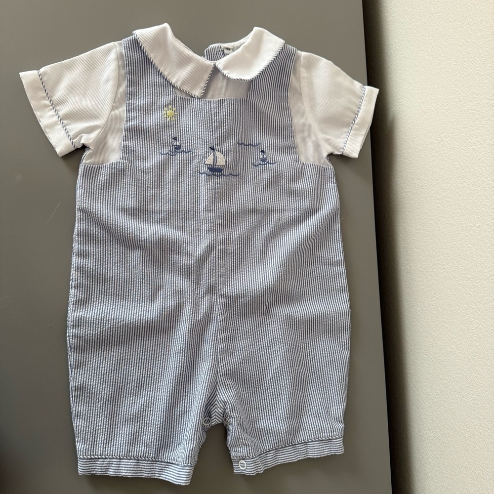 Little Diamonds 18 M Baby Outfit One Piece Blue White Stripes Sailboats Coastal